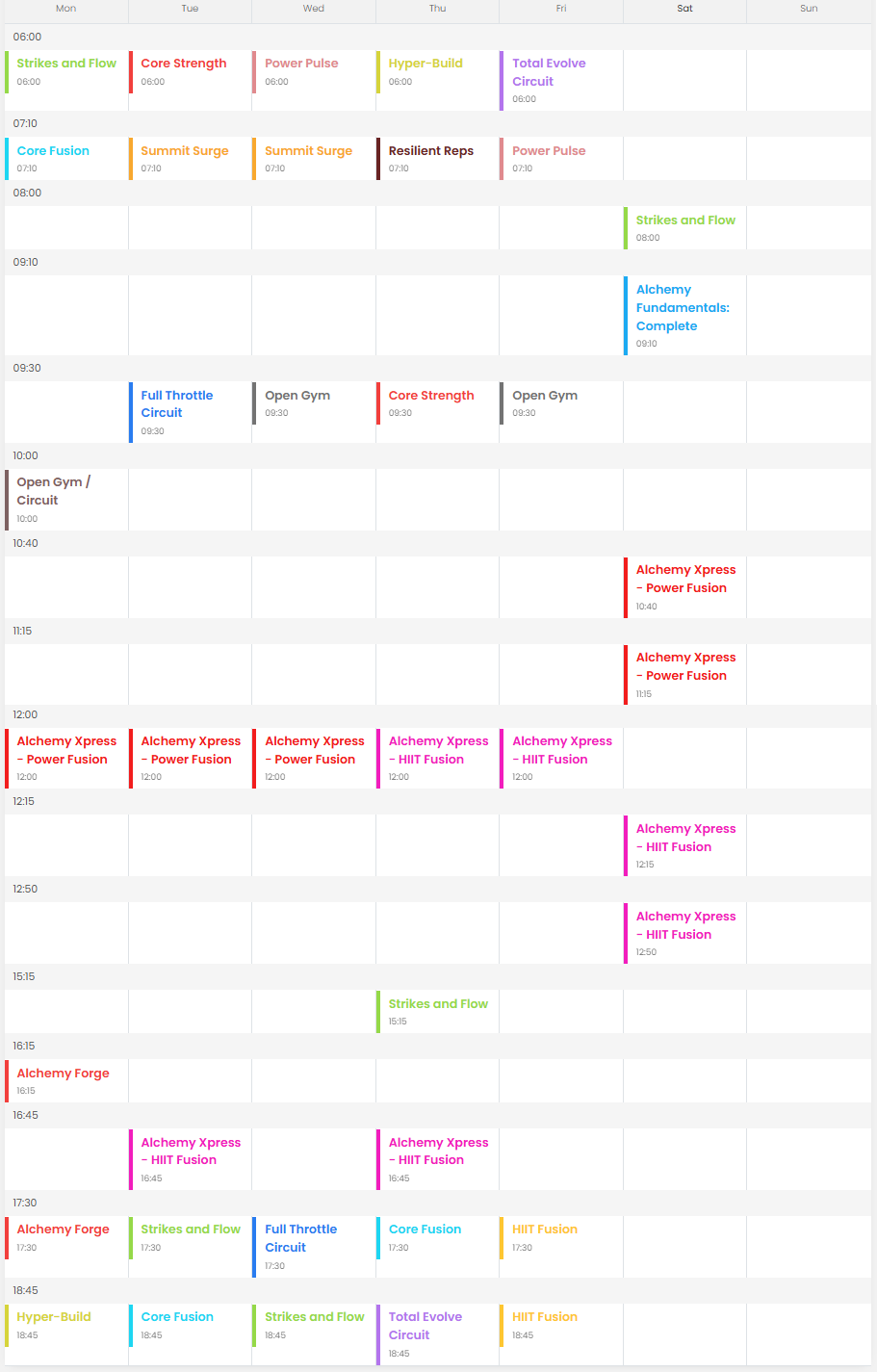 fitness class timetable